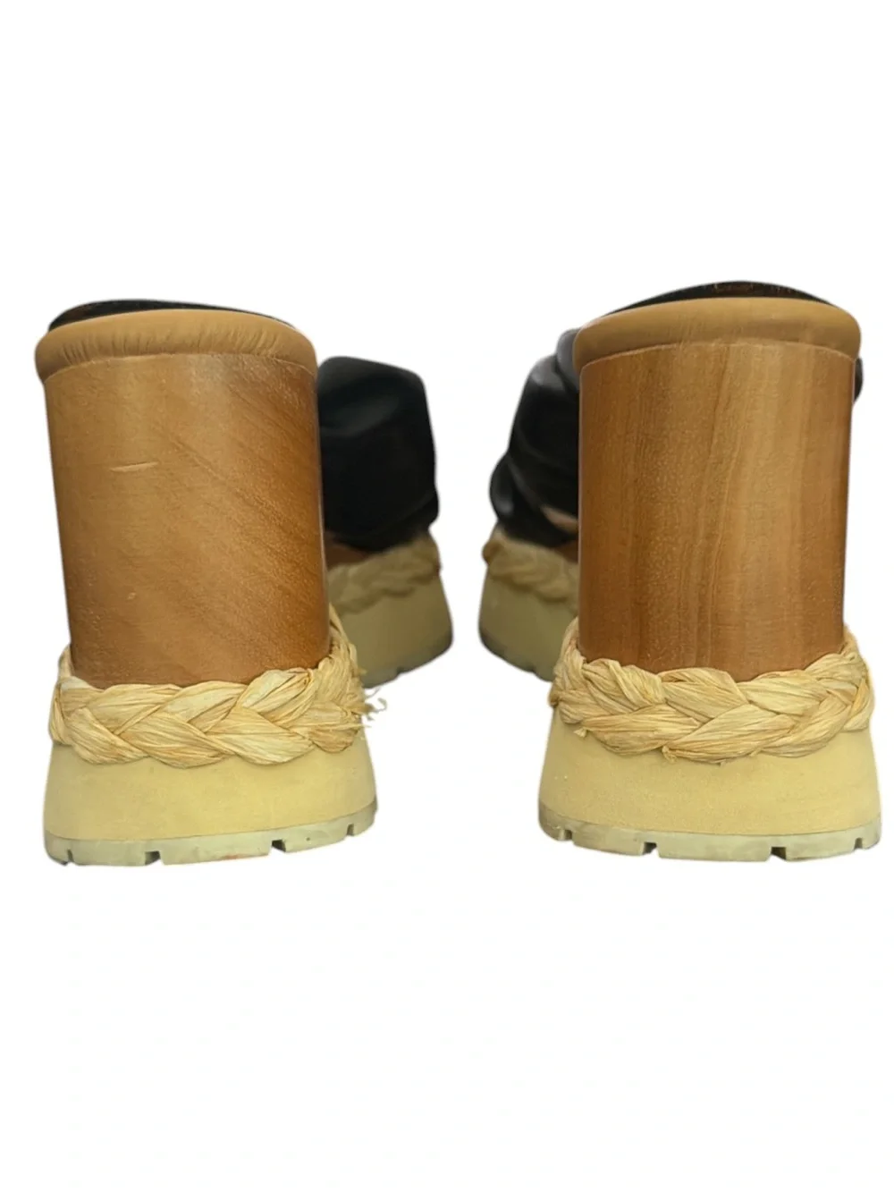 Paloma Barceló Black Leather Knot Wedge Sandals Raffia Wood Platform Sz 7